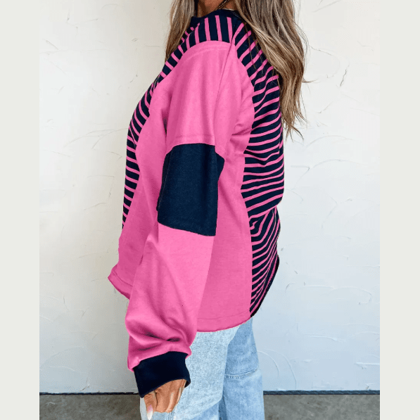Elva Pink Stripe Color Block V Neck Loose Fit Long Sleeve Top