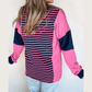 Elva Pink Stripe Color Block V Neck Loose Fit Long Sleeve Top