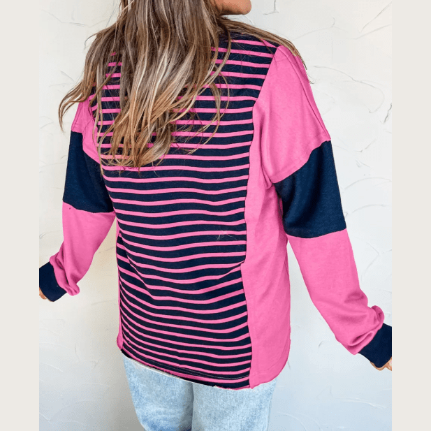 Elva Pink Stripe Color Block V Neck Loose Fit Long Sleeve Top