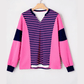 Elva Pink Stripe Color Block V Neck Loose Fit Long Sleeve Top