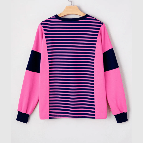 Elva Pink Stripe Color Block V Neck Loose Fit Long Sleeve Top