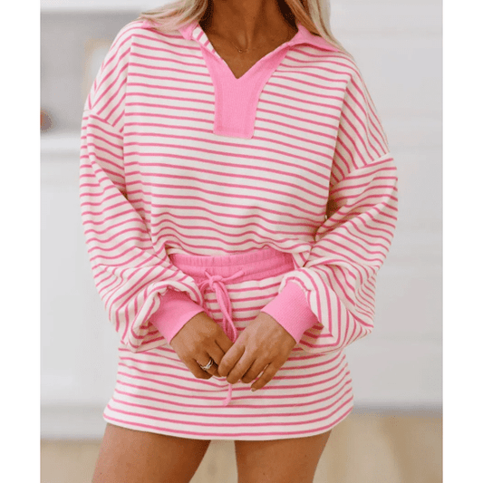 Fran Pink Stripe Collared V Neck Drop Shoulder Pullover and Skort 2pcs Outfit