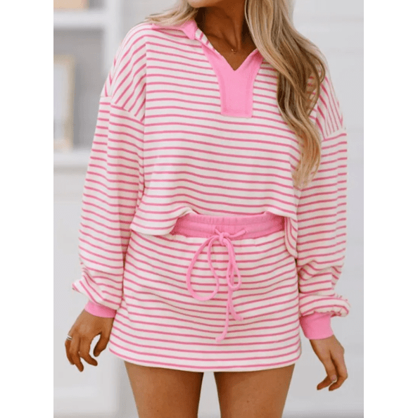 Fran Pink Stripe Collared V Neck Drop Shoulder Pullover and Skort 2pcs Outfit