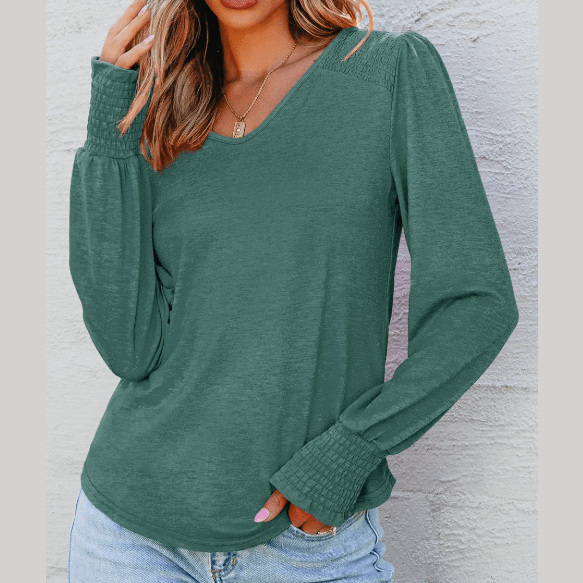 Jaycee Green Shirred Shoulder Frilled Cuffs Long Sleeve Top