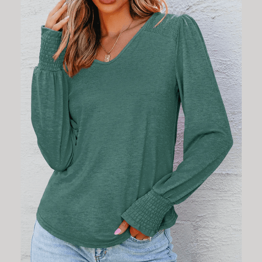 Jaycee Green Shirred Shoulder Frilled Cuffs Long Sleeve Top