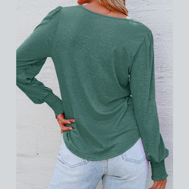 Jaycee Green Shirred Shoulder Frilled Cuffs Long Sleeve Top