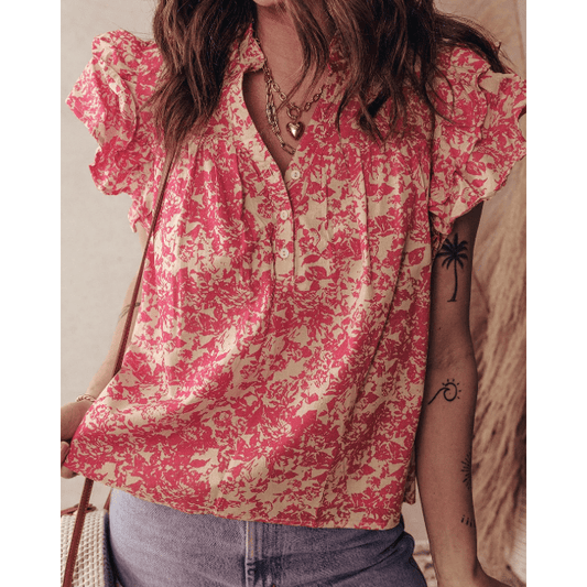 RTS Pink Allover Printed Half Button Neck Ruffle Sleeve Blouse