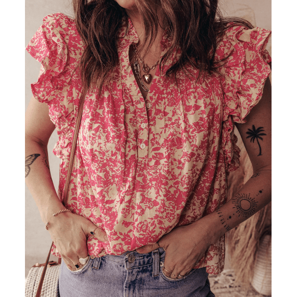 RTS Pink Allover Printed Half Button Neck Ruffle Sleeve Blouse