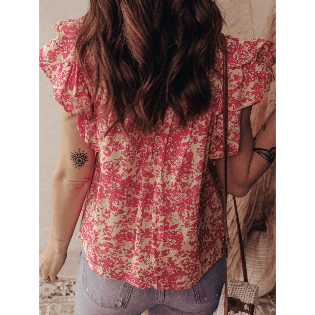 RTS Pink Allover Printed Half Button Neck Ruffle Sleeve Blouse