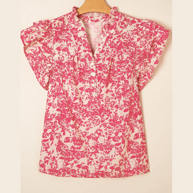 RTS Pink Allover Printed Half Button Neck Ruffle Sleeve Blouse