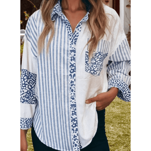 Shalee Sky Blue Leopard Striped Western Casual Shirt