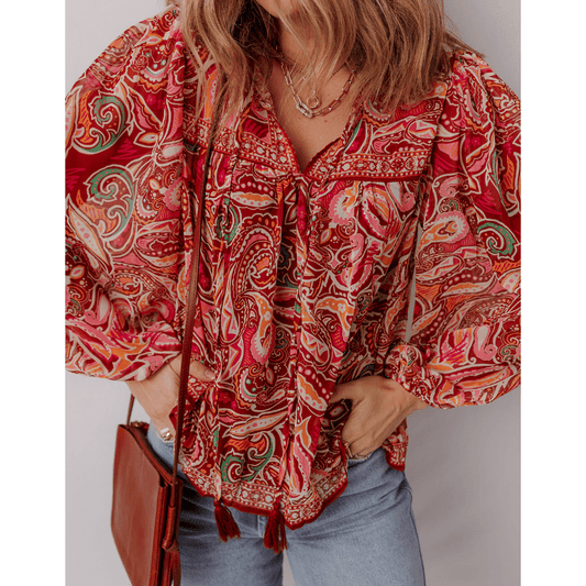 Sammy Jo Multicolour Ethnic Paisley Print Tassel Tie Puff Sleeve Boho Blouse
