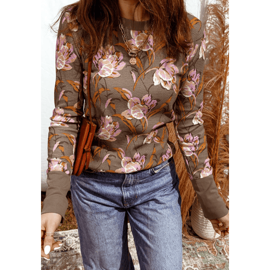 Stevie Brown Floral Print Waffle Textured Long Sleeve Top