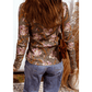 Stevie Brown Floral Print Waffle Textured Long Sleeve Top