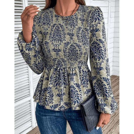 Terrie Sky Blue Boho Printed Balloon Sleeve Smocked Peplum Blouse