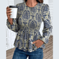 Terrie Sky Blue Boho Printed Balloon Sleeve Smocked Peplum Blouse