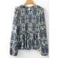 Terrie Sky Blue Boho Printed Balloon Sleeve Smocked Peplum Blouse