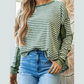 Arianna Green Stripe Thermal Knit Drop Shoulder Casual Top