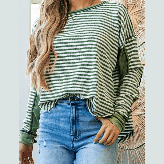 Arianna Green Stripe Thermal Knit Drop Shoulder Casual Top