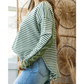 Arianna Green Stripe Thermal Knit Drop Shoulder Casual Top