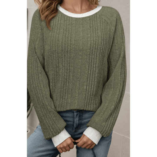 Billie Moss Green Ribbed Contrast Cuffed Round Neck Long Sleeve T Shirt
