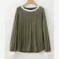 Billie Moss Green Ribbed Contrast Cuffed Round Neck Long Sleeve T Shirt