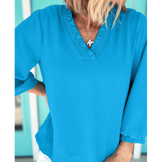 Dezi Blue Frilled V Neckline Bracelet Sleeve Crinkled Blouse