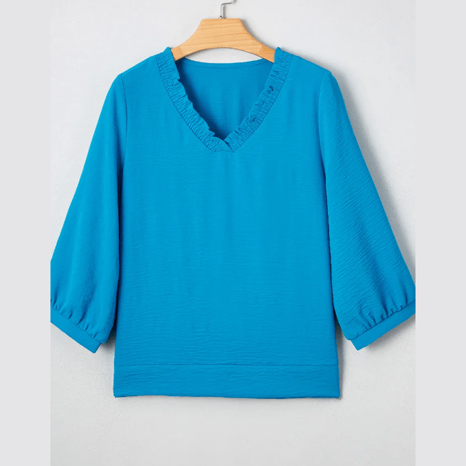 Dezi Blue Frilled V Neckline Bracelet Sleeve Crinkled Blouse