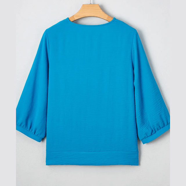Dezi Blue Frilled V Neckline Bracelet Sleeve Crinkled Blouse