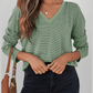 Estelle Green Stripe V Neck Stretchy Long Sleeve Top