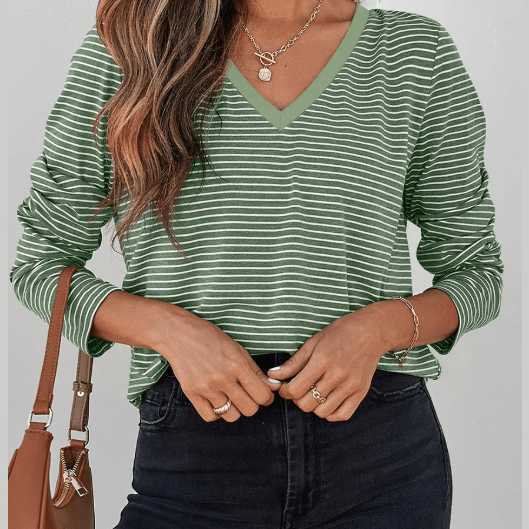 Estelle Green Stripe V Neck Stretchy Long Sleeve Top