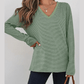 Estelle Green Stripe V Neck Stretchy Long Sleeve Top