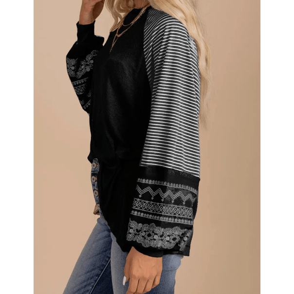Flossy Black Contrast Print Striped Raglan Long Sleeve Loose Top