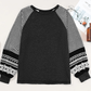 Flossy Black Contrast Print Striped Raglan Long Sleeve Loose Top