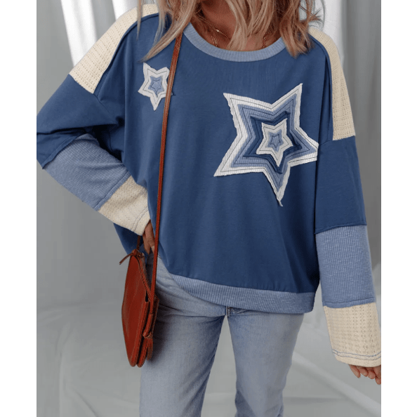 Carlie Dark Blue Contrast Knitted Colorblock Star Patchwork Oversize Long Sleeve Top