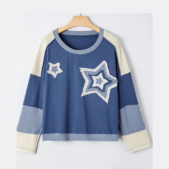 Carlie Dark Blue Contrast Knitted Colorblock Star Patchwork Oversize Long Sleeve Top