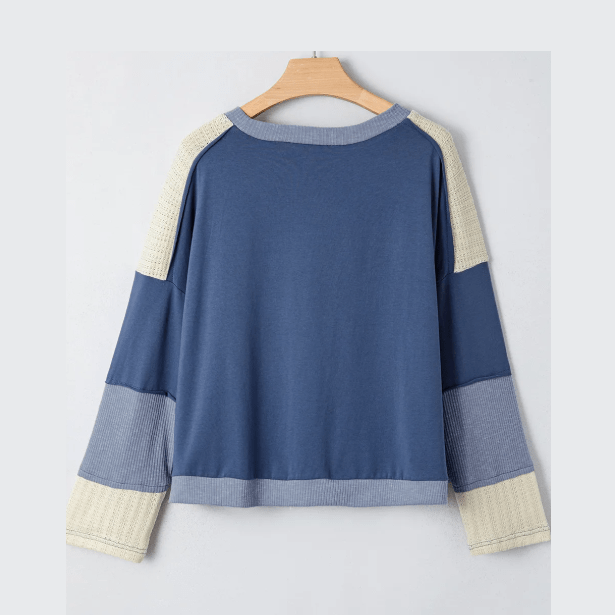 Carlie Dark Blue Contrast Knitted Colorblock Star Patchwork Oversize Long Sleeve Top