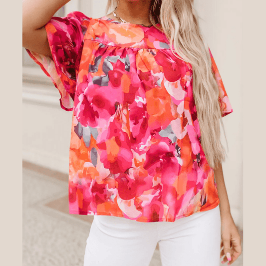 RTS Fiery Red Floral Print Wide Sleeve Blouse