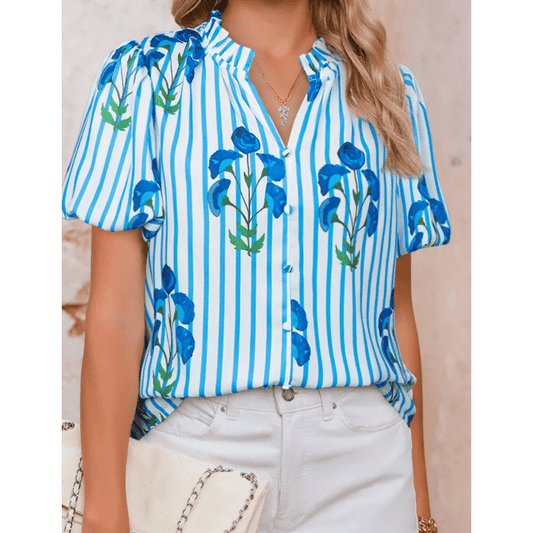 RTS Sky Blue Stripe Floral Buttoned Frilly Notched Neck Puff Sleeve Summer Blouse