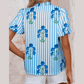 RTS Sky Blue Stripe Floral Buttoned Frilly Notched Neck Puff Sleeve Summer Blouse