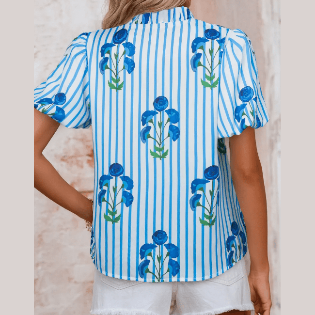 RTS Sky Blue Stripe Floral Buttoned Frilly Notched Neck Puff Sleeve Summer Blouse