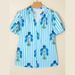 RTS Sky Blue Stripe Floral Buttoned Frilly Notched Neck Puff Sleeve Summer Blouse