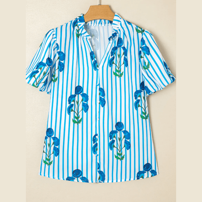 RTS Sky Blue Stripe Floral Buttoned Frilly Notched Neck Puff Sleeve Summer Blouse