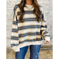 Arlynn Khaki Stripe Crew Neck Drop Shoulder Pullover Sweatshirt