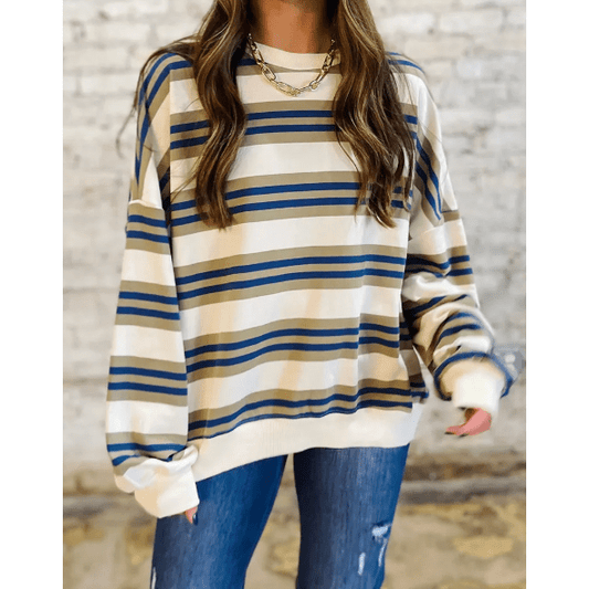 Arlynn Khaki Stripe Crew Neck Drop Shoulder Pullover Sweatshirt