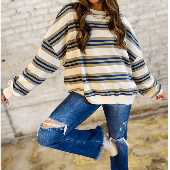 Arlynn Khaki Stripe Crew Neck Drop Shoulder Pullover Sweatshirt