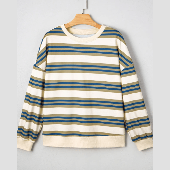 Arlynn Khaki Stripe Crew Neck Drop Shoulder Pullover Sweatshirt