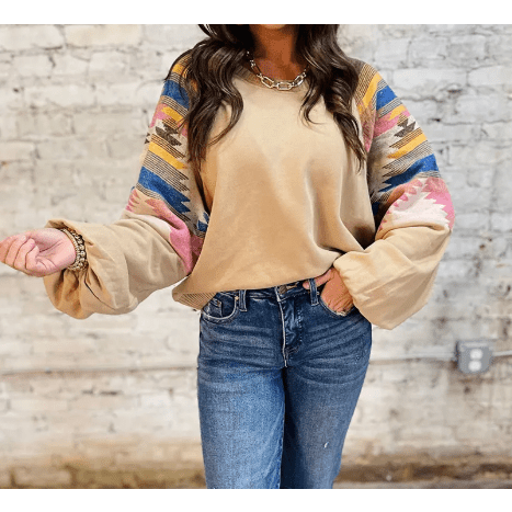 Aztec Light French Beige Patchwork Raglan Pullover Sweatshirt