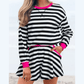 Bionda Black Stripe Contrast Ribbed Banding Long Sleeve Blouse Loose Shorts Set