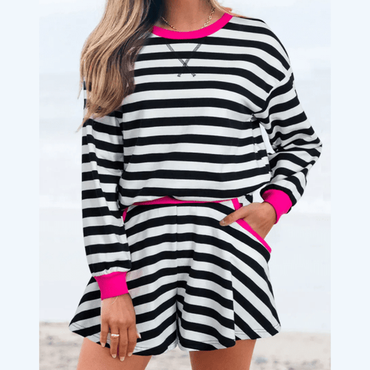 Bionda Black Stripe Contrast Ribbed Banding Long Sleeve Blouse Loose Shorts Set